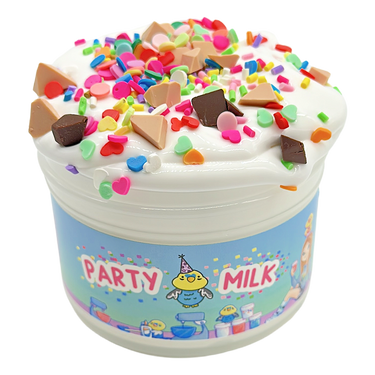 A container of 'PARTY MILK' slime with colorful sprinkles and chocolate chunks on top, with a label featuring cartoon images and party-themed decorations. parakeet slimes shop